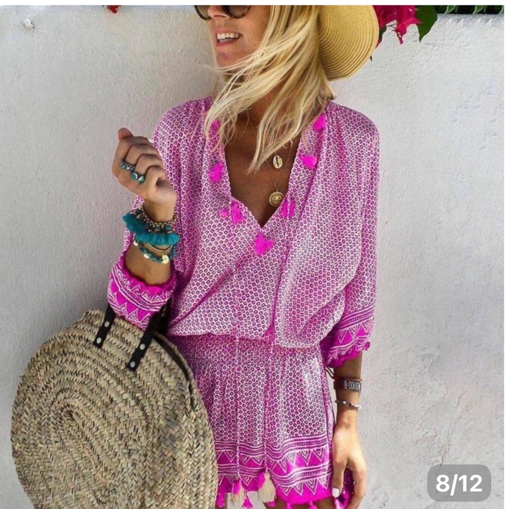 Beach cover up, V-neck elastic waist summer dress